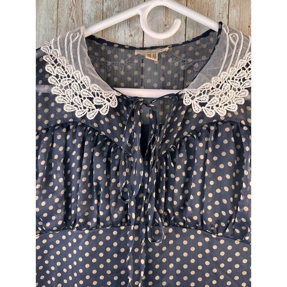 Lindy Bop A-Line Dress Large Black Chiffon Polka Dots Collared Lace Trim Pleated - Picture 4 of 10